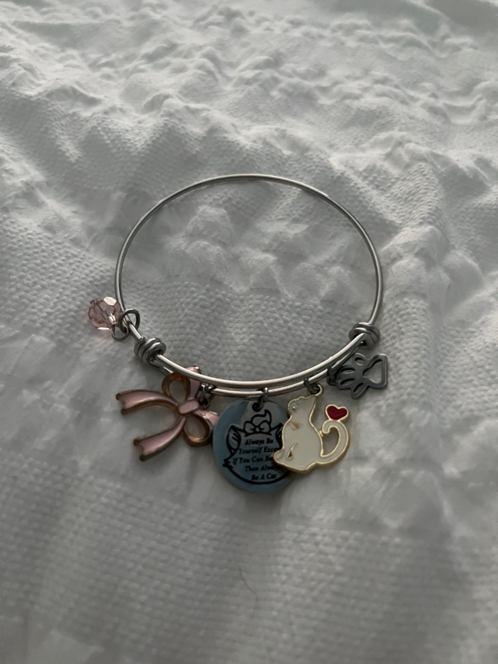 Alex and Ani Silver Cat Charm Bangle with Pink Bow and White Enamel Cat